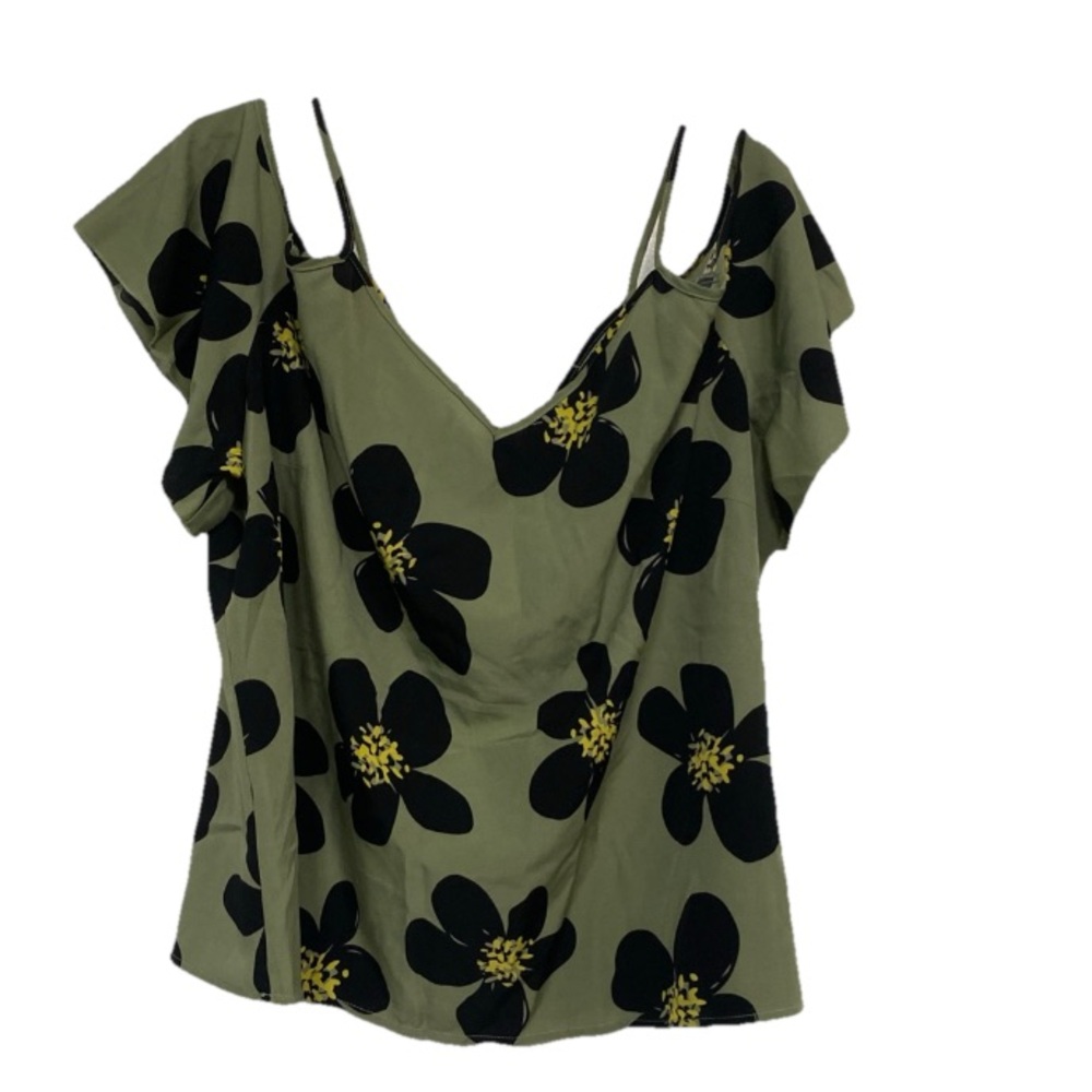 Curvzy Plus Size Cold Shoulder Top in Green With Black Floral Pattern Womens 4XL